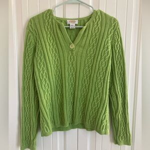 Talbots Petites Sweater Cable Knit VNeck Lime Green L